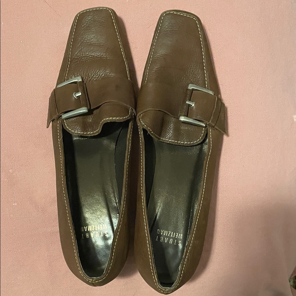 Stuart Weitzman Brown Leather Pointed Toe Kitten Heel with Buckle